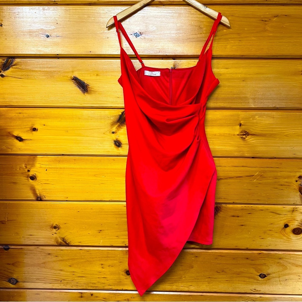Elegant LAFEMME Asymmetrical Red Draped Sleeveless straps Mini Lined Dress small